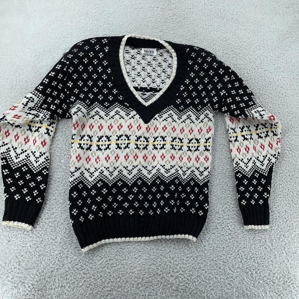 Vtg Keren Sweater Womens S/M Black‎ White V Neck Fair Isle Nordic Knit USA